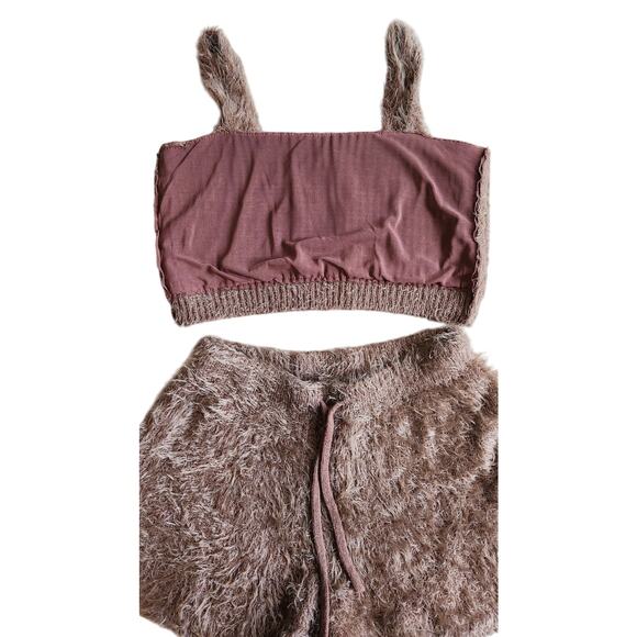 Bootaybag Aspen fuzzy brown set crop top shorts lounge sleep small EUC perfect - Picture 3 of 9